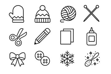 Fototapeta premium Winter Craft Icons. Outline icon set of Winter hat and mitten designs: mitten, hat, yarn, knitting needles,