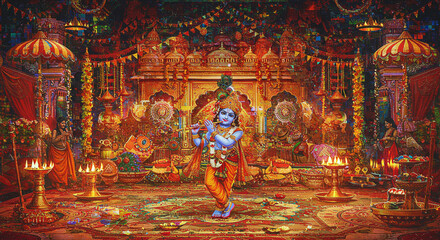 Fototapeta premium Krishna Playing Flute in Ornate Temple Interior