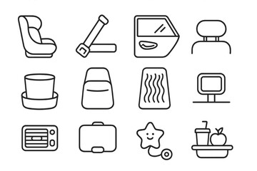 Family Car Icons. Outline icon set of Family car interior from back seat: child seat, seatbelt, window, door