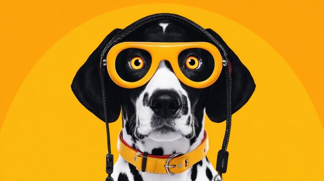 Dalmation dog wearing quirky yellow glasses against bright orange background enjoys a playful moment of silliness and fun