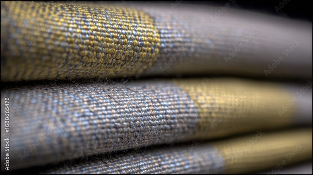 Poster textured layers of woven fabric showcasing intricate patterns and colors in artistic composition