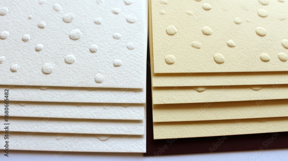 Poster textured sheets of paper with raised droplets displaying unique artistic flair in a light-filled wor