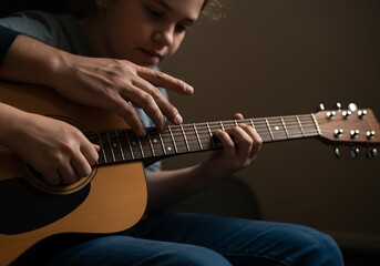 Obraz premium Child learning acoustic guitar