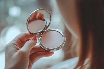 woman holding makeup compact mirror open in hand, soft beauty tones
