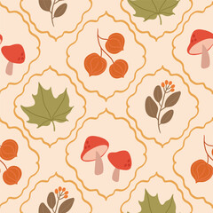Autumn season seamless pattern background vector. Fall harvest wallpaper with maple leaf, mushroom, walnut, leaves branch, frame. Design for print, cover, fabric, packaging, wall art, home decor. 