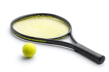 Exciting tennis sport, black racket and yellow ball ready for competition or game