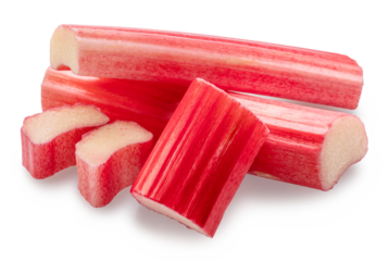 Cuts of red rhubarb stem on white background. File contains clipping path.