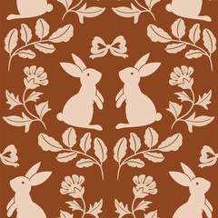 Autumn season seamless pattern background vector. Fall harvest wallpaper with leaves branch, rabbit, flower. Design for print, cover, fabric, packaging, wall art, home decor. 