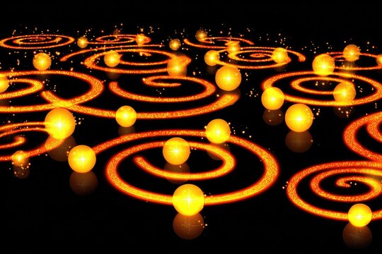 Glowing orbs scattered on swirling, fiery trails across a dark background - Powered by Adobe