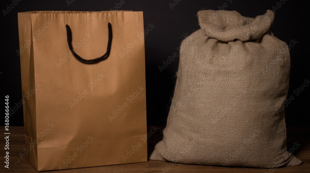 Aufkleber unique contrast between a brown paper bag and a burlap sack on a rustic wooden surface during a mood