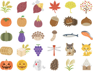 秋の味覚と秋の風物詩のアイコンのイラストセット