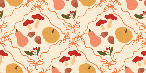 Autumn season seamless pattern background vector. Fall harvest wallpaper with pumpkin, mushroom, walnut, holly leaf, ribbon frame. Design for print, cover, fabric, packaging, wall art, home decor. 