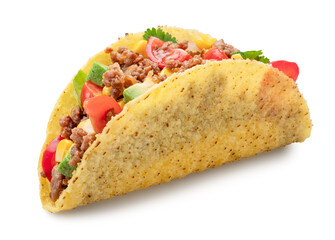 Mexican meat taco or beef stuffed tortilla isolated on white background. File contains clipping path.