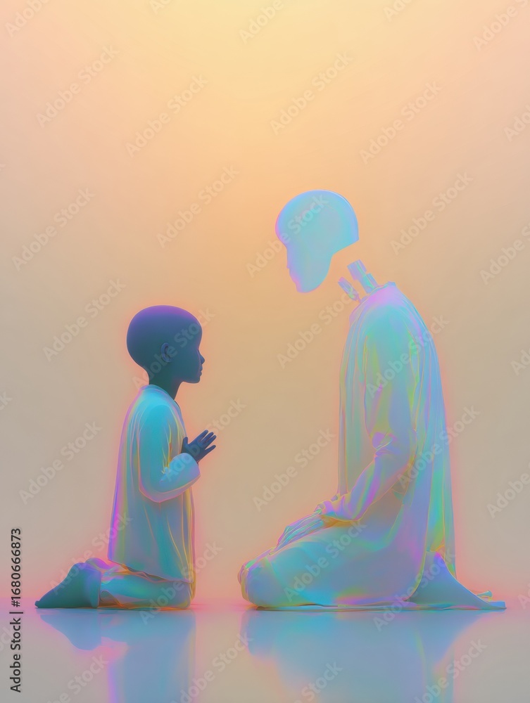 Aufkleber interactive moment between a child and a larger figure exploring themes of connection and communicat
