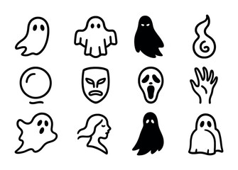 Ghost Icon Collection. Outline icon set of ghosts and spirits: floating ghost, sheet ghost, shadow figure,