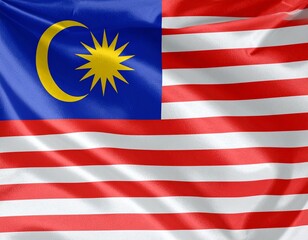 Malaysian flag with 14 red-white stripes, blue canton, yellow crescent, and 14-point star symbolizing unity and Islam.
