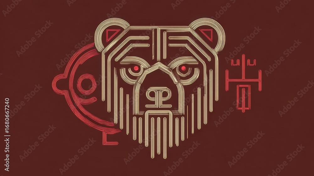 Poster artistic representation of a bear with intricate lines and vibrant colors showcasing creative design