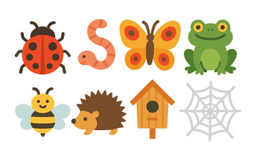 Fototapeta premium Garden Wildlife Helpers. Flat vector mini-illustrations garden wildlife helpers in colors children's