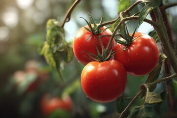 Three ripe red tomatoes on the vine, sunlight