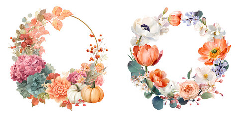 Autumn illustration - frame wreath with flowers. Floral invitation, clipart.