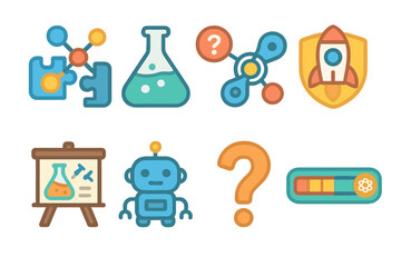 Science Adventure Icons. Flat vector mini-illustrations science discovery games in colors children's