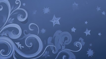 A stylized, decorative design features swirling floral patterns and scattered stars on a muted, blue backdrop.
