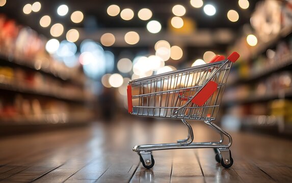 An empty metallic grocery cart waits by the wooden floor in a market setting