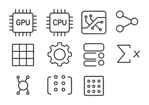Machine Learning Icons. Outline icon set of machine learning hardware: GPU chip, CPU chip, circuit board,