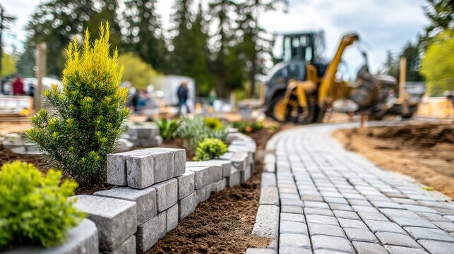 A beautiful pathway being constructed in a lush and vibrant garden setting.