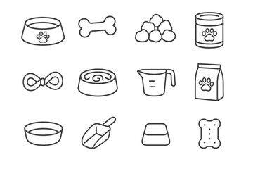 Dog Feeding Icons. Outline icon set of dog feeding: dog bowl, bone treat, kibble, canned food, chew toy, slow