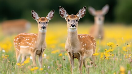 Fototapeta premium Roe deer, capreolus capreouls, couple int rutting season staring on a field with yellow wildflowers. Two wild animals standing close together. Love concept.