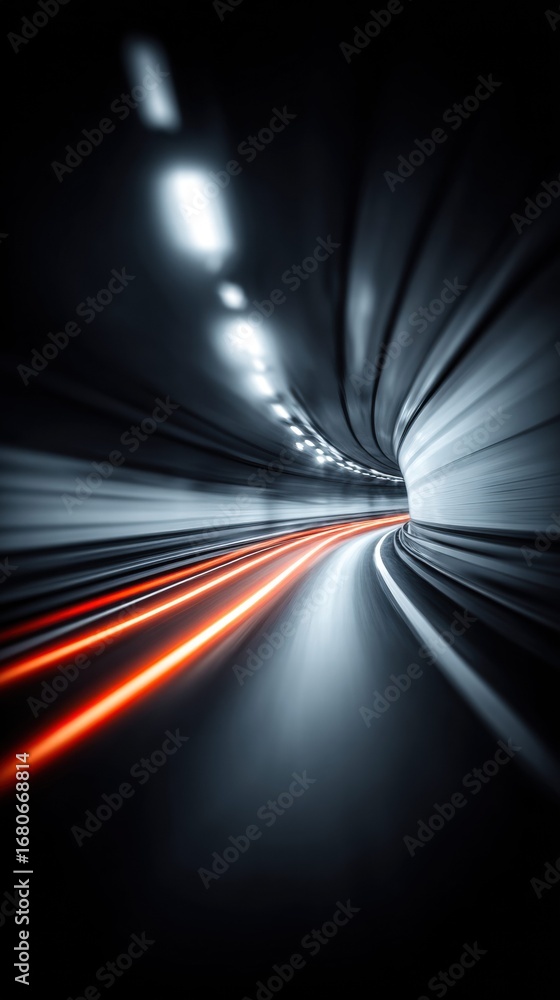 Poster inside a tunnel with streaks of light, creating a sense of speed and motion.