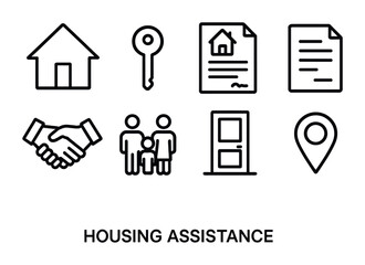Housing Assistance Icons. Outline icon set of housing assistance: house, key, contract, document, handshake,
