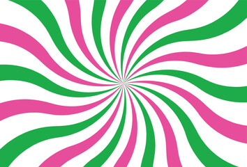 Abstract psychedelic spiral pattern with pink and green wavy stripes on a white background