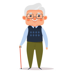 Vector illustration of an elderly man with a cane. Smiling senior male character in glasses, standing and looking happy. Concept of old age, pensioner, grandfather and retirement lifestyle