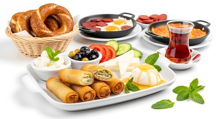 Turkish Breakfast Spread with Tea and Pastries.