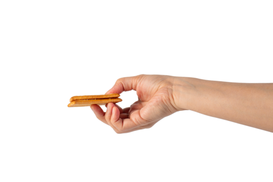 Square cracker in hand on transparent background