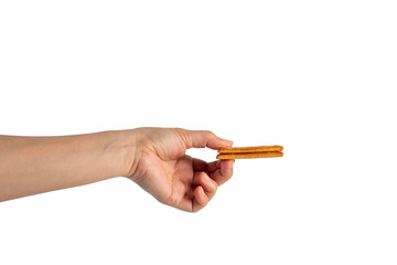 Square cracker in hand on transparent background