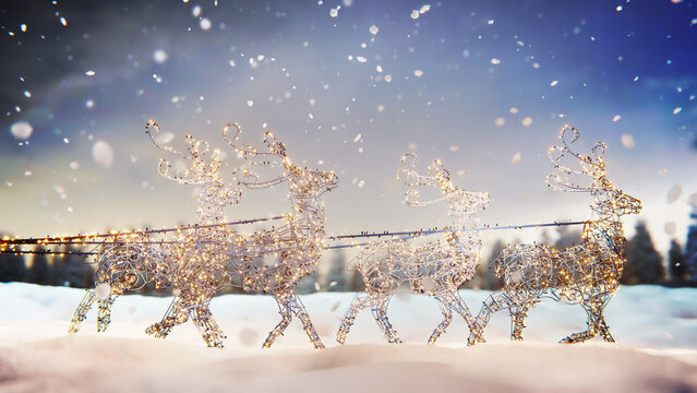 Snowman with Christmas lights decoration in winter scene with falling snow - Powered by Adobe