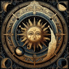 Fototapeta premium Ornate celestial mandala with sun and moon