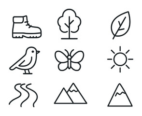 Nature Walk Icon Set. Outline icon set of nature walks: walking shoes, tree, leaf, bird, butterfly, sun, river