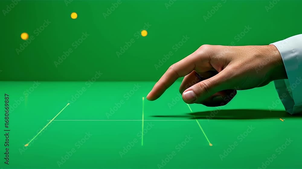 Poster a man's hand presses a glowing point on a futuristic green interactive surface with luminous data li