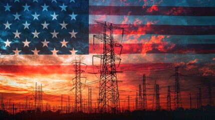 American flag and power lines against a sunset sky.