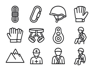 Climbing Rescue Icons. Outline icon set of rope and climbing rescues: rope, carabiner, helmet, gloves, harness