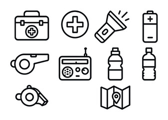 Disaster Prep Icons. Outline icon set of disaster preparedness: emergency kit, first aid cross, flashlight,