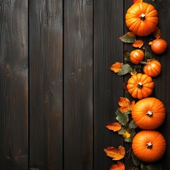 Dark wooden surface with pumpkins of various sizes and shades of orange surrounded by leaves of yellow, brown and orange colors. The arrangement creates a warm autumn atmosphere.