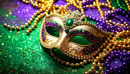 Exquisite venetian carnival mask embellished with beads against a festive mardi gras scene