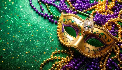 Intricately designed venetian carnival mask with beads surrounded by colorful mardi gras vibe