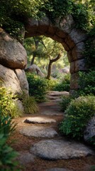 Naklejka premium Stone Pathway Through Lush Green Archway into Forest