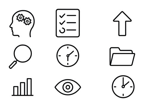 Executive Function Icons. Outline icon set of executive function: brain with gears, checklist, upward arrow,